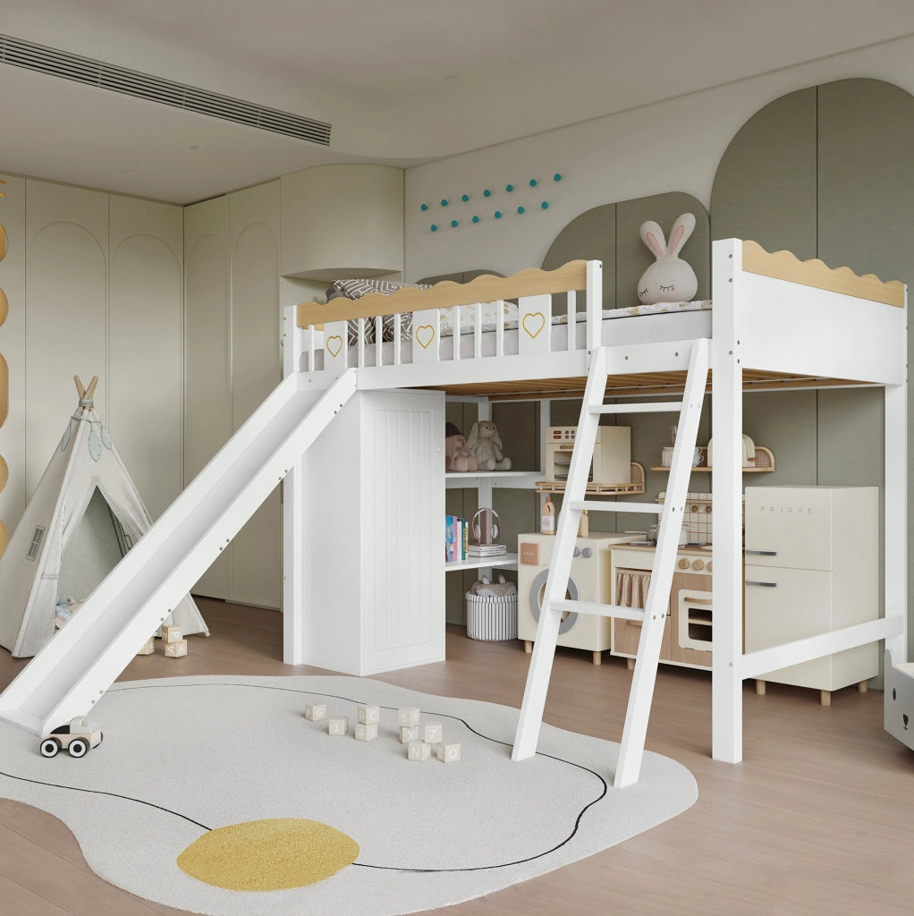 Letto a soppalco bambini 90x200 cm con scivolo e armadi