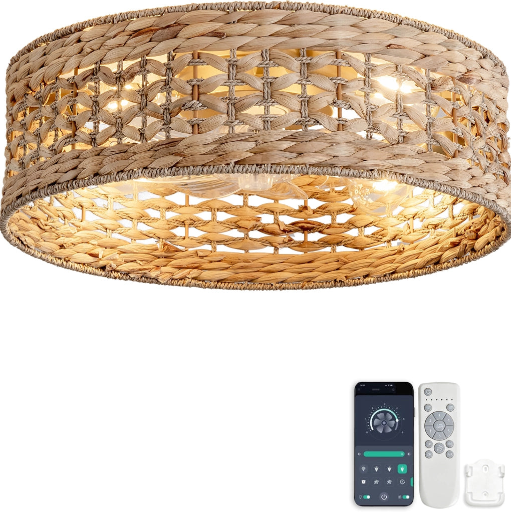 Ventilatore da soffitto con plafoniera in rattan intrecciato; controllo via app e telecomando; colore rame