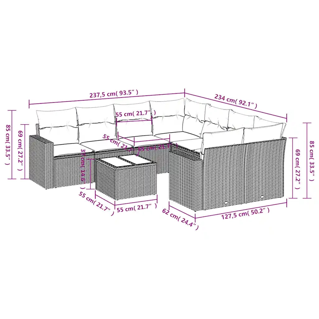 vidaXL Set Divano da Giardino 9pz con Cuscini Marrone in Polyrattan