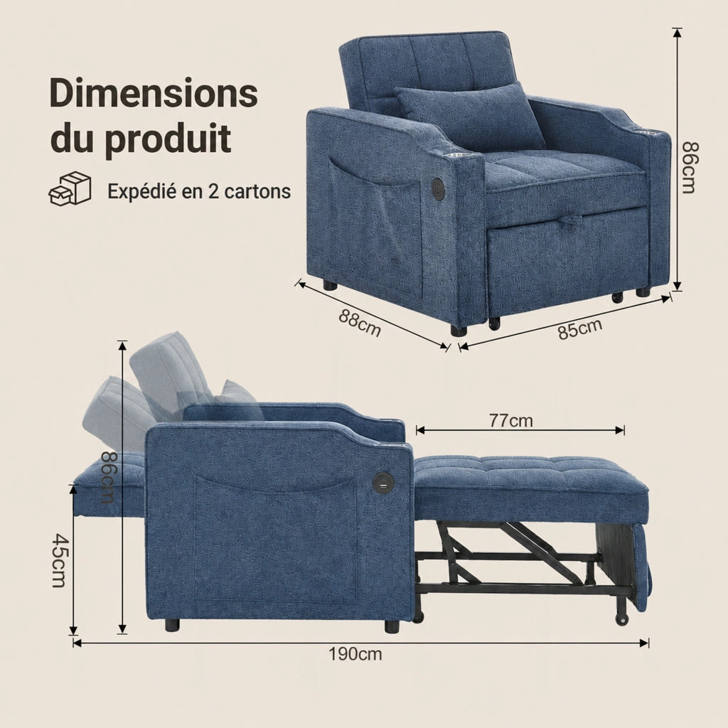 Poltrona letto 3 in 1 con USB e USB-C, schienale regolabile, portabicchieri e tasche laterali in tessuto blu navy