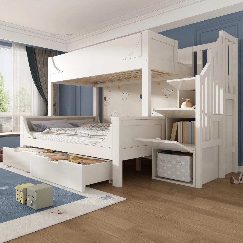 Letto a castello con scalinata e cassetti legno metallo bianco 140x200 cm
