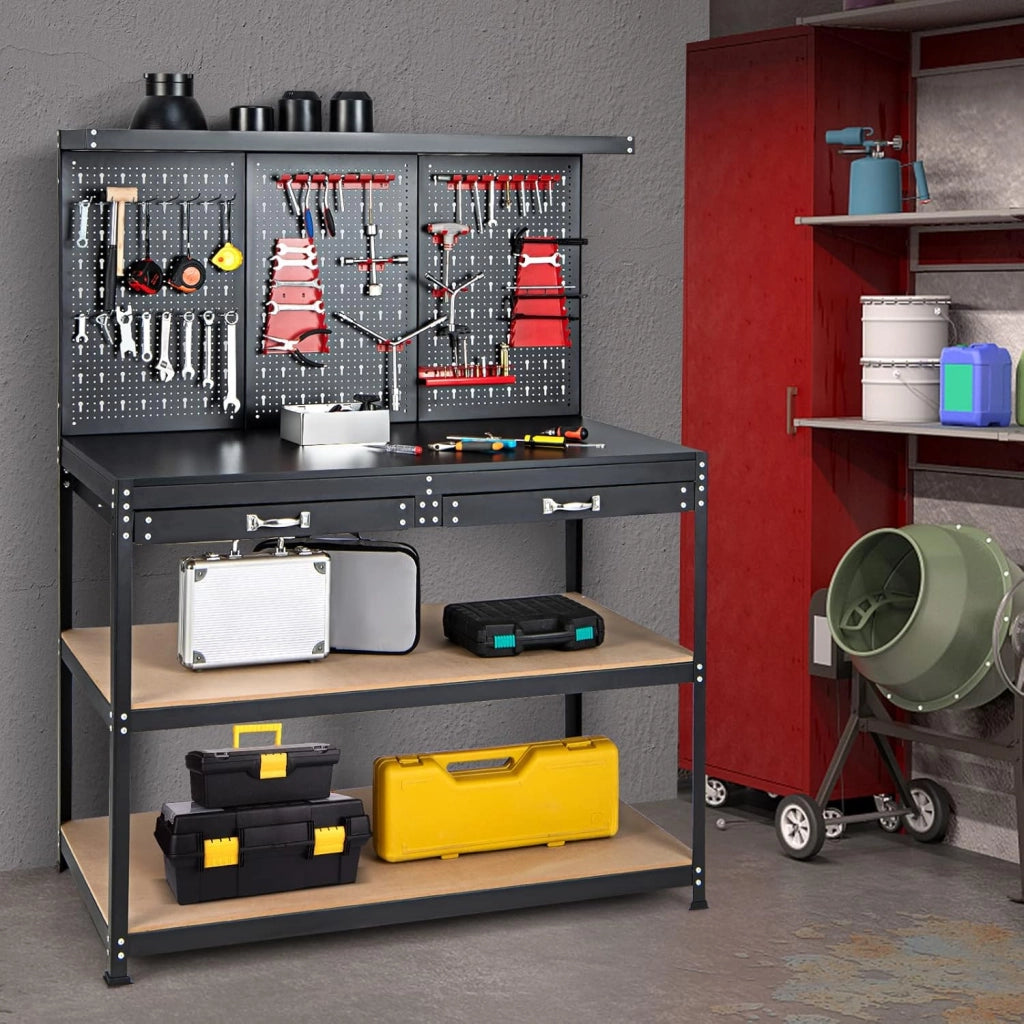 Banco da Lavoro con Pannello a Chiodi, Tavolo da Officina con Cassetti, Ripiani e 25 Accessori Appendibili, Carico Massimo 435 kg, per Garage, Casa, Officina e Magazzino