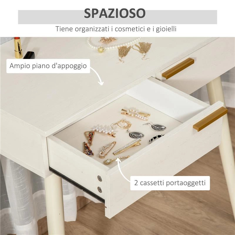 TAVOLO TRUCCO CON SPECCHIO E 2 CASSETTI PER ACCESSORI, IN LEGNO, 80X40X123 CM, BIANCO