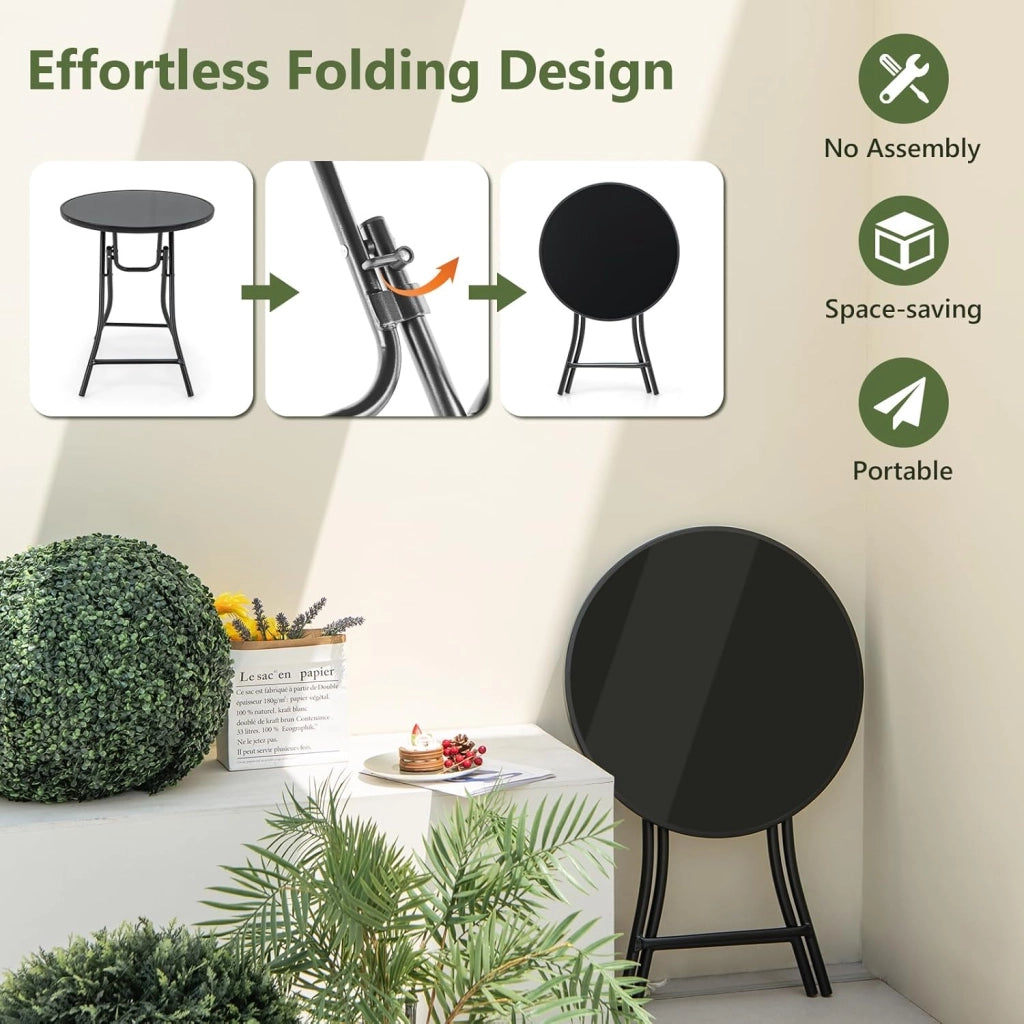 Tavolino Pieghevole, Tavolino Rotondo da Patio in Vetro Temperato con Struttura in Metallo, Non Richiede Montaggio, Tavolino da Appoggio Salvaspazio per Giardino, Piscina, Balcone, Nero
