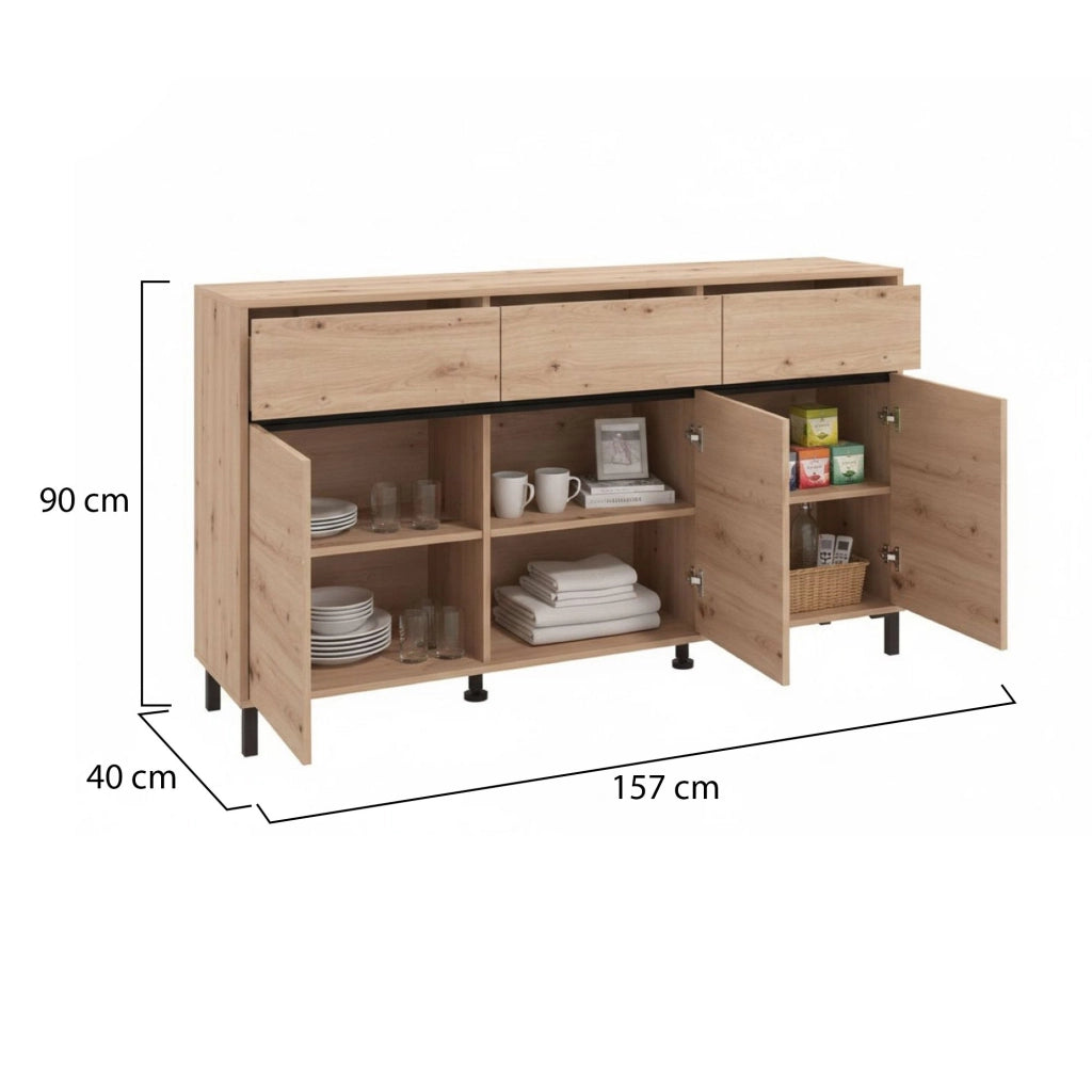 Madia Giarre, Credenza 3 Cassetti, 157x40x90h cm Marrone Rovere Nodi