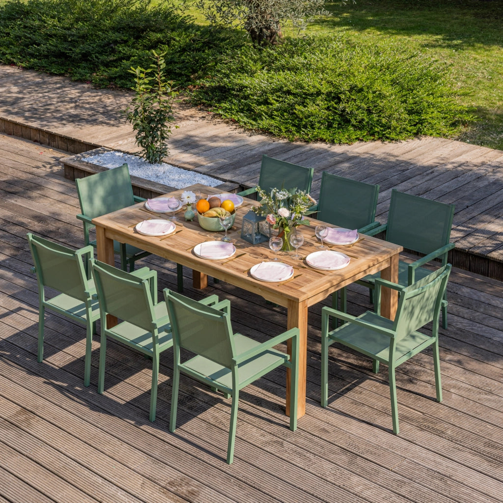 Set di mobili da giardino in teak JAVA con sedie in alluminio verde salvia - 8 posti a sedere