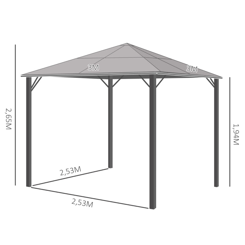 Gazebo 3 x 3 m con tetto in policarbonato rete mosche telaio in alluminio colore grigio scuro resistente e funzionale per giardino e terrazza