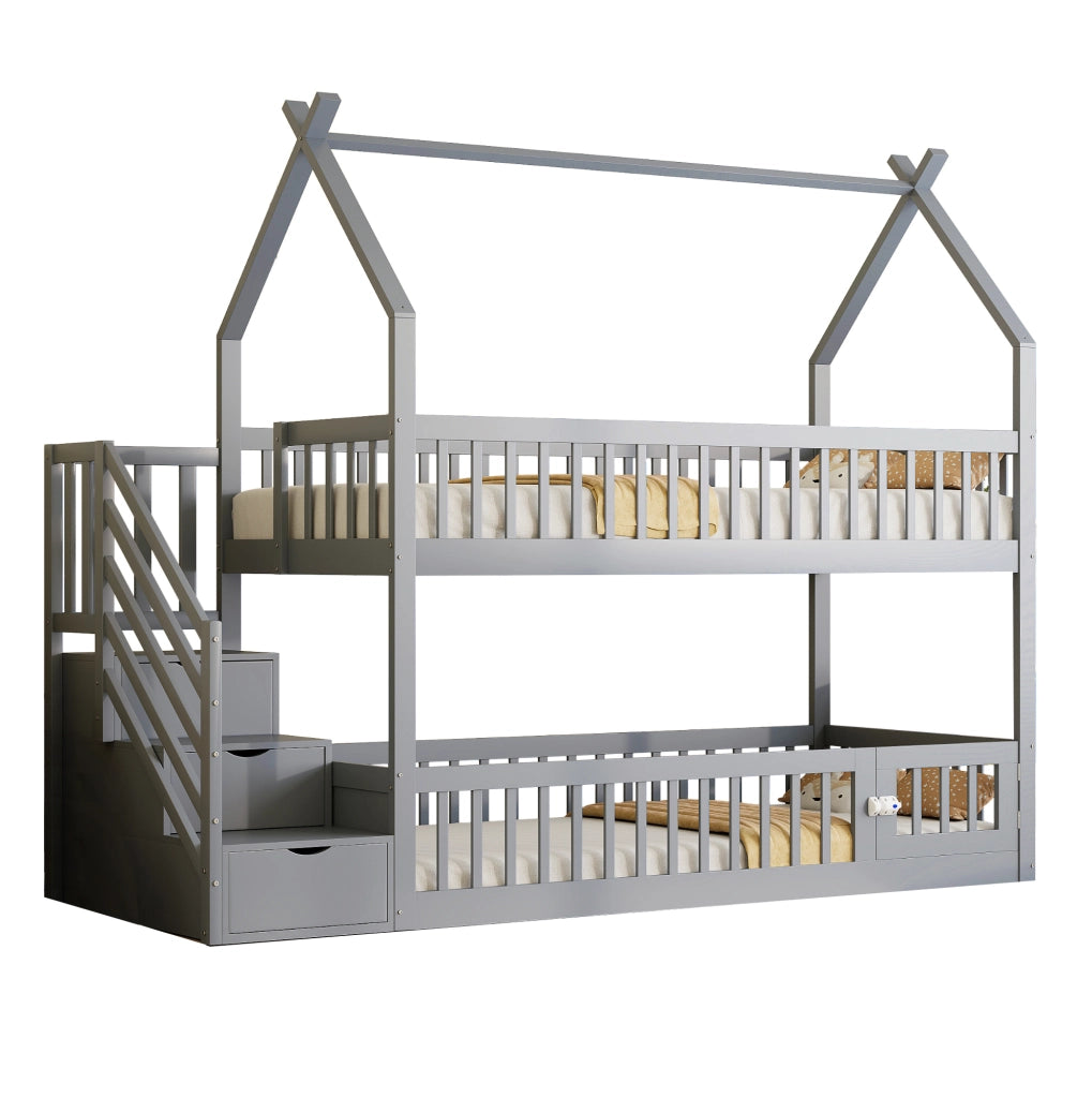 Letto a castello per bambini 90x200 cm in legno massiccio con tetto, scala con cassetti e design salvaspazio