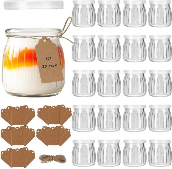 Set di bicchieri di yogurt in vetro da 200ml - 20 pezzi - Bicchieri per budino - Bicchieri per conserve - Riciclabili - Con coperchio a tenuta d'aria - Inclusi etichette e corda