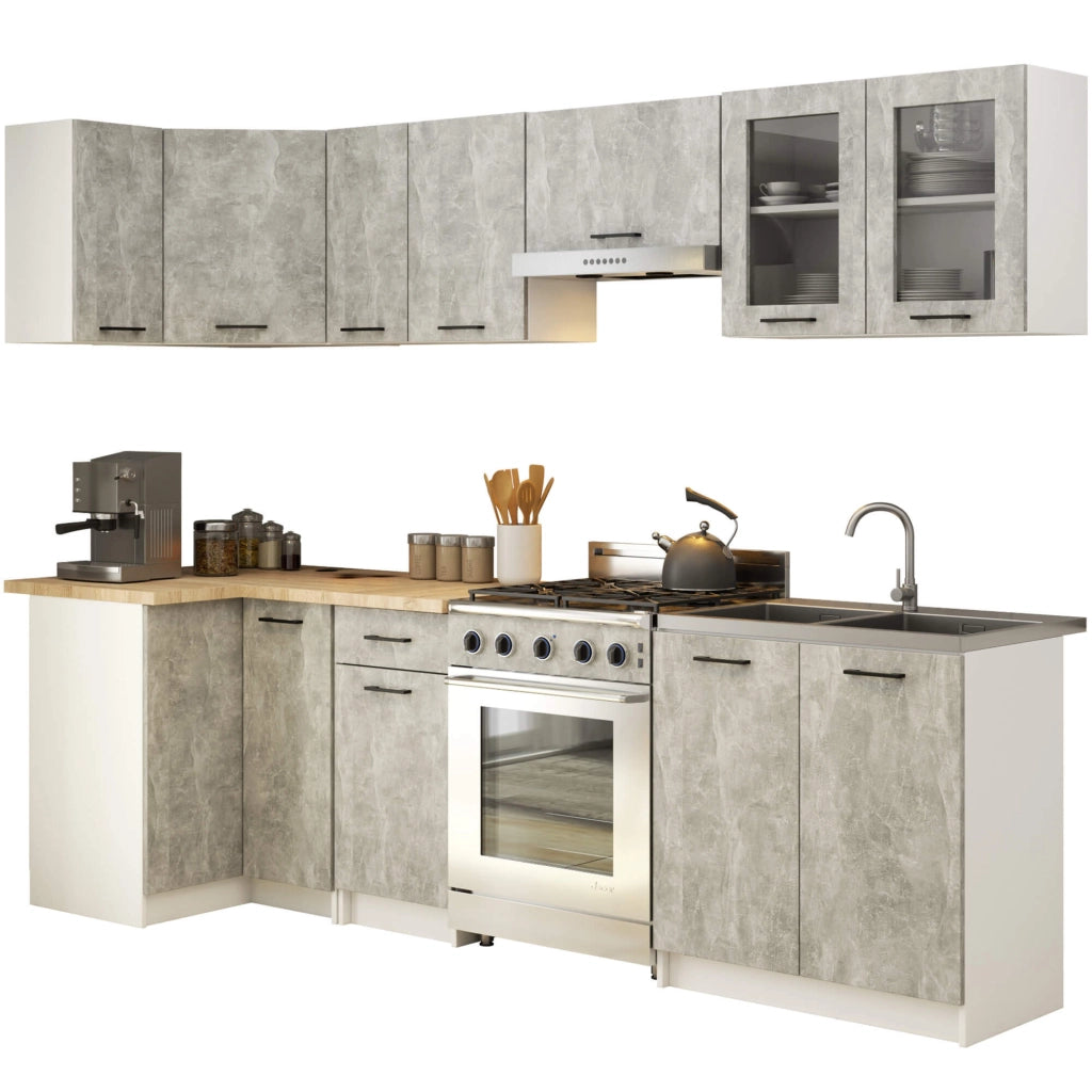 Set da cucina con vetrina AKORD OLIWIA 3,0 m Bianco 300 cm 11 ante 1 cassetto frontale Cemento 300×46×203 cm