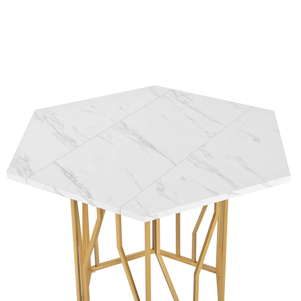 Tavolo 115.5x100x75 cm design esagonale con piano effetto marmo in MDF e acciaio oro bianco
