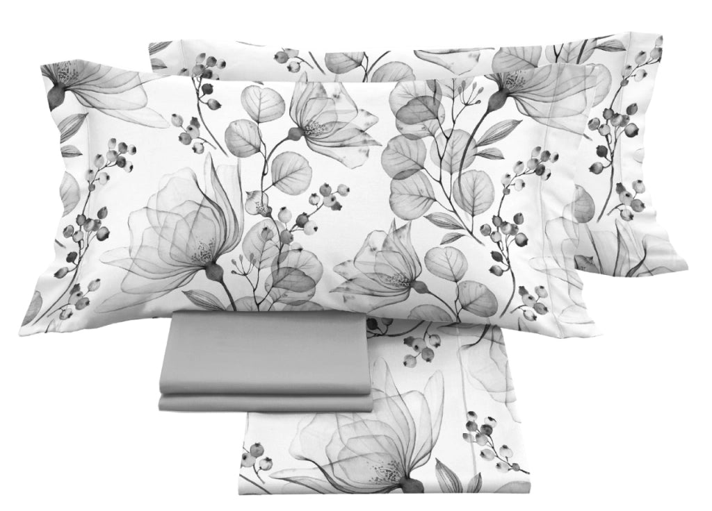 Completo Lenzuola Matrimoniale 100% Raso Cotone Floreale Dis. Angelica