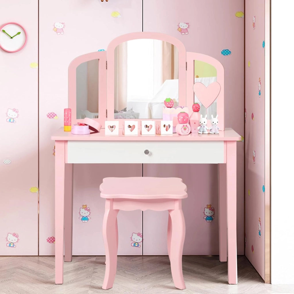 Toeletta Trucco per Bambina, Specchiera Trittica per Ragazza in Legno Robusto con Sgabello e Cassetto, Postazione Trucco 2 in 1 per Cameretta e Cmera da Letto, 95x70x34cm(Rosa)