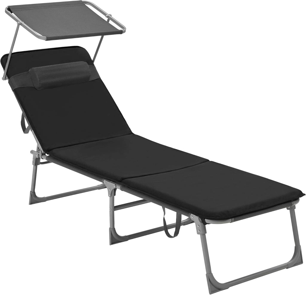 SONGMICS Sedia a sdraio, lettino per il relax, con materasso da 3 cm, cuscino, schienale e ombrellone reclinabili, pieghevole, 53 x 193 x 29,5 cm, carico 150 kg, per giardino, nero GCB193B01