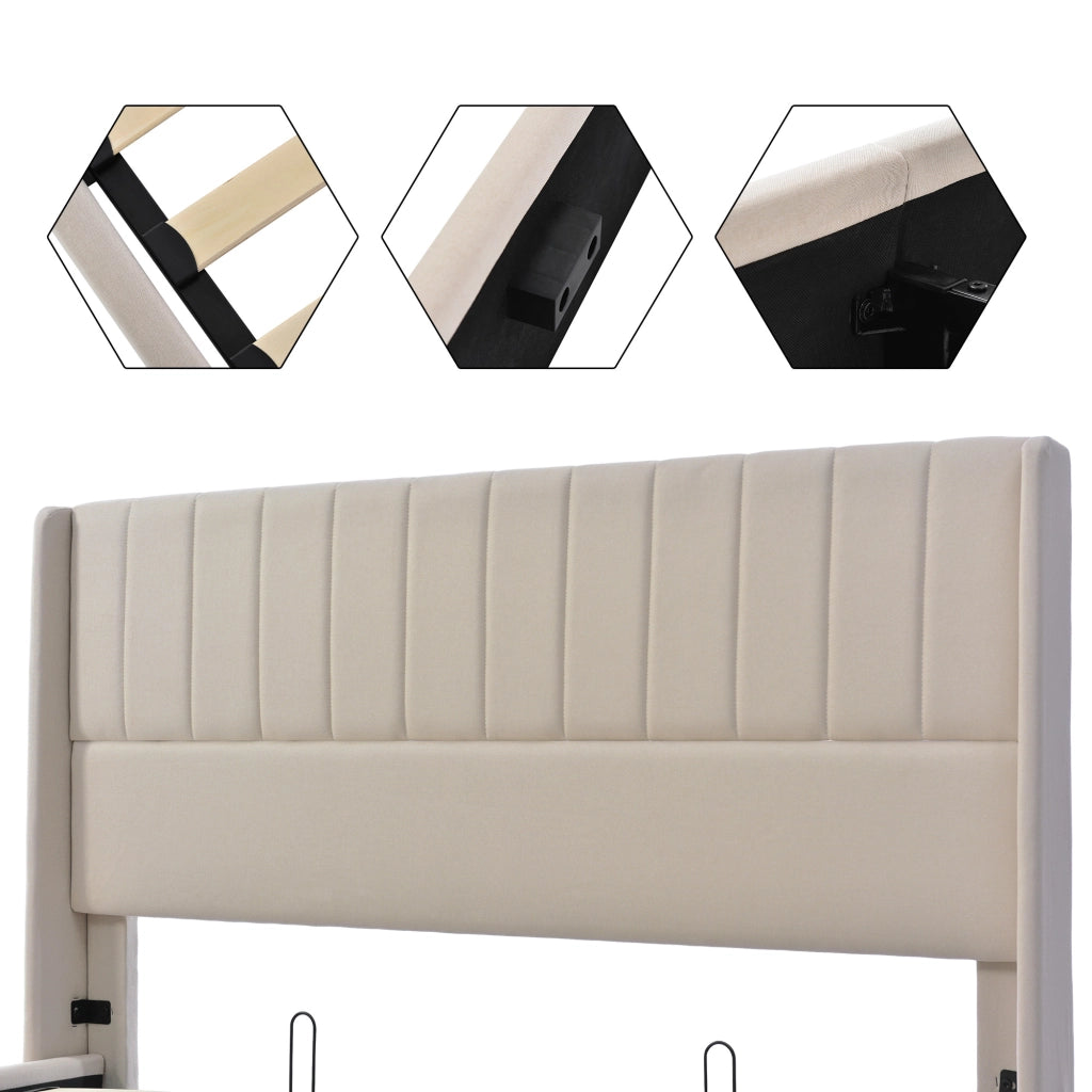 OKWISH Letto Contenitore 160×200 cm, Letto Matrimoniale con Contenitore Idraulico e Testiera Imbottita, senza Materasso, in Lino, Beige