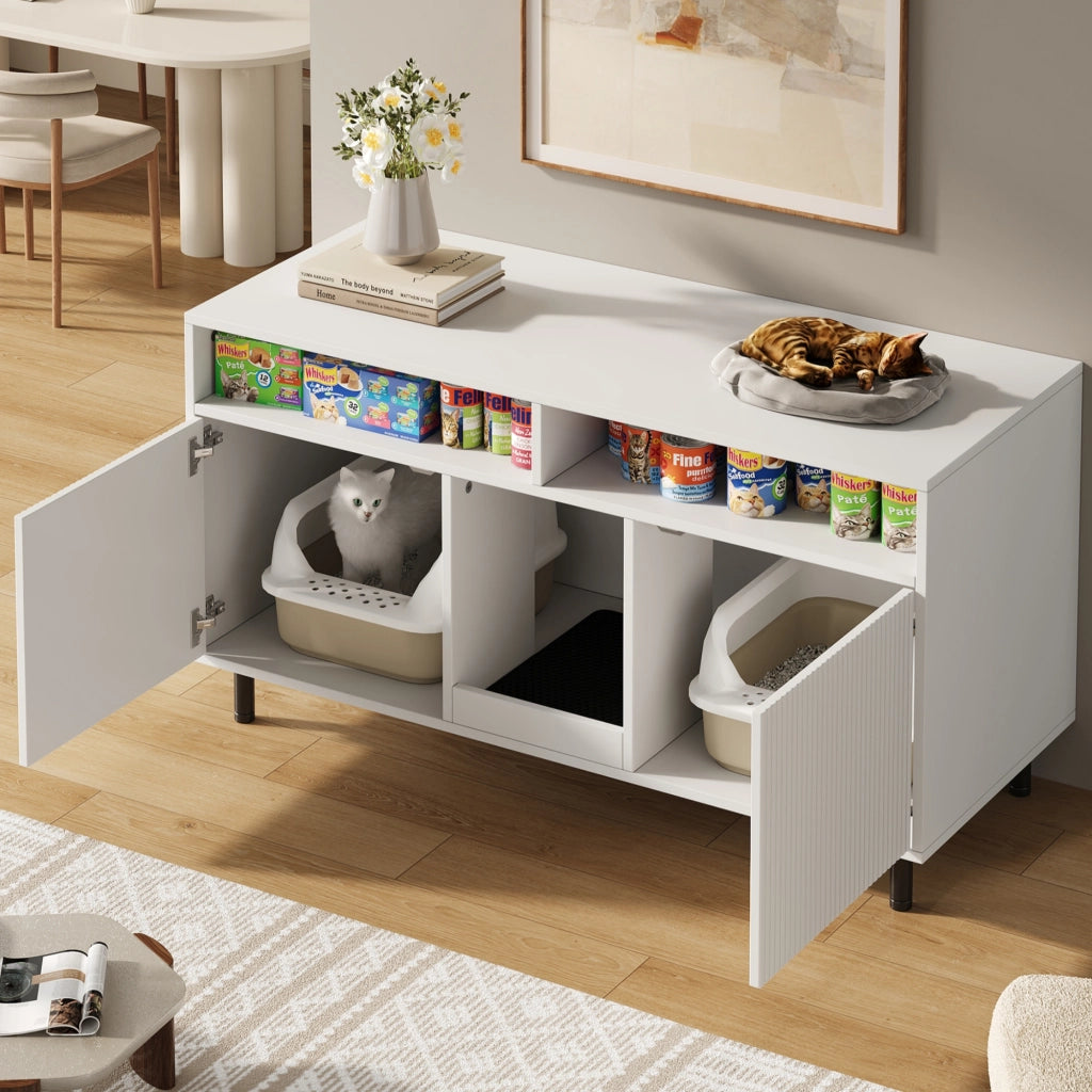 Mobile per lettiera per gatti con 2 ante e ripiani aperti, tappetino raccogli-sabbia, in MDF, bianco, 120 × 50 × 66 cm