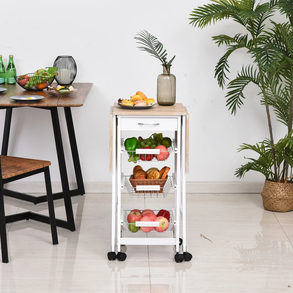 Carrello da cucina pieghevole con cassetto e cestini ¨C zephmum ¨C 97.2x37x77.5 cm bianco e rovere