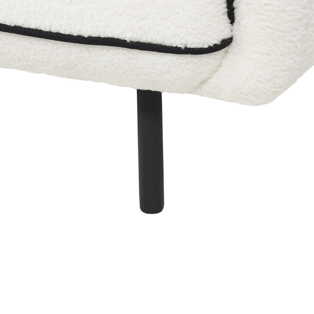 Divano a 3 posti Tessuto boucle bianco Morbido Nubby Gambe in metallo Bordi decorativi neri Stile retro Glam Art Decor