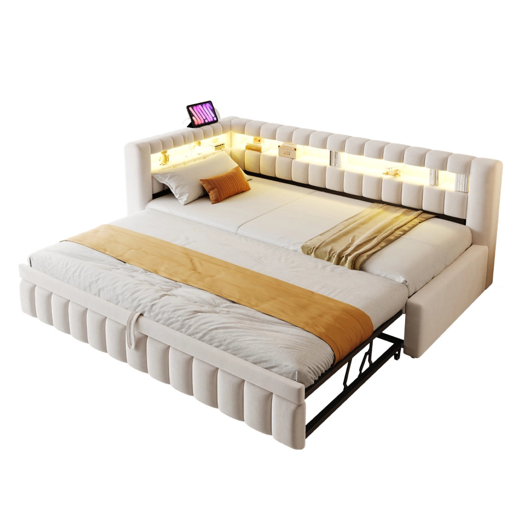 Divano letto estraibile 90x200 cm con LED, USB e vani integrati beige