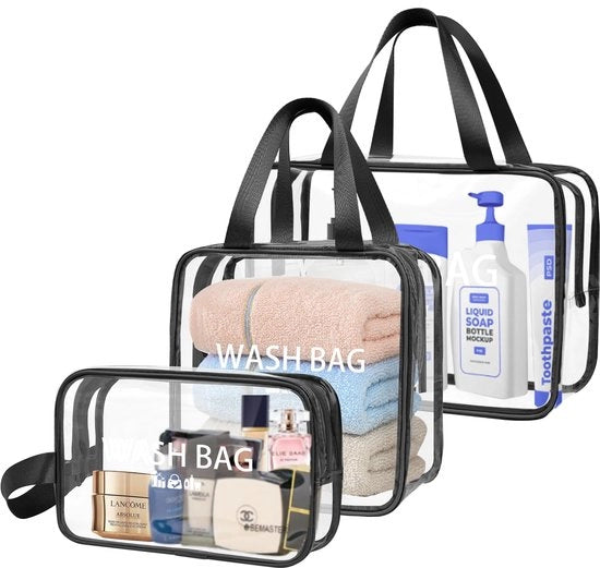 Set da 3 pezzi di tazze per il bagno trasparenti, borsa cosmetica trasparente per donne, tazze per il bagno in PVC, borsa per make-up, liquidi e articoli da toeletta (nero)
