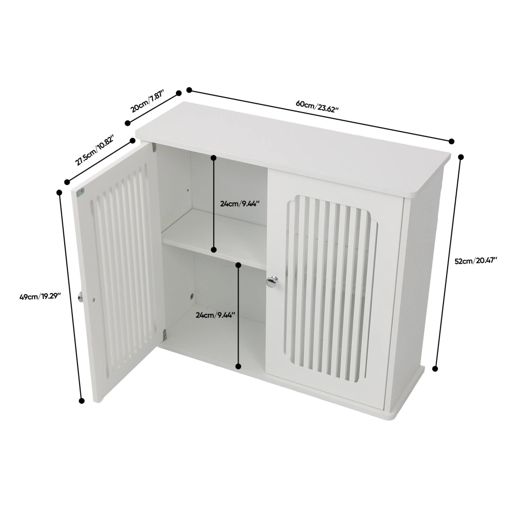 Armadietto da bagno pensile con 2 ante a lamelle, in MDF e truciolare, per bagno, bianco, 69,3 × 43,8 × 11 cm