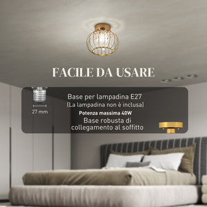 Plafoniera LED Moderna Design a Gabbia Ø27x19 cm con 18 Cristalli Struttura in Metallo Oro