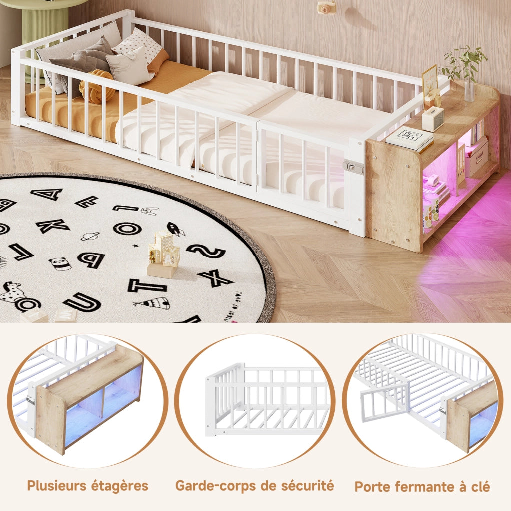Letto singolo 90x200 cm con protezione laterale; ripiano aperto e LED; bianco in metallo e MDF