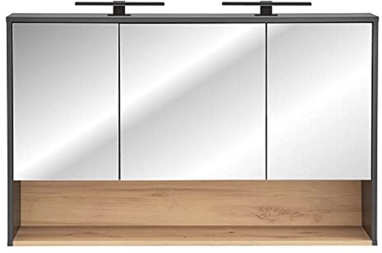 Specchio per bagno in vetro 120 cm con illuminazione LED in antracite e panno di quercia Artisan