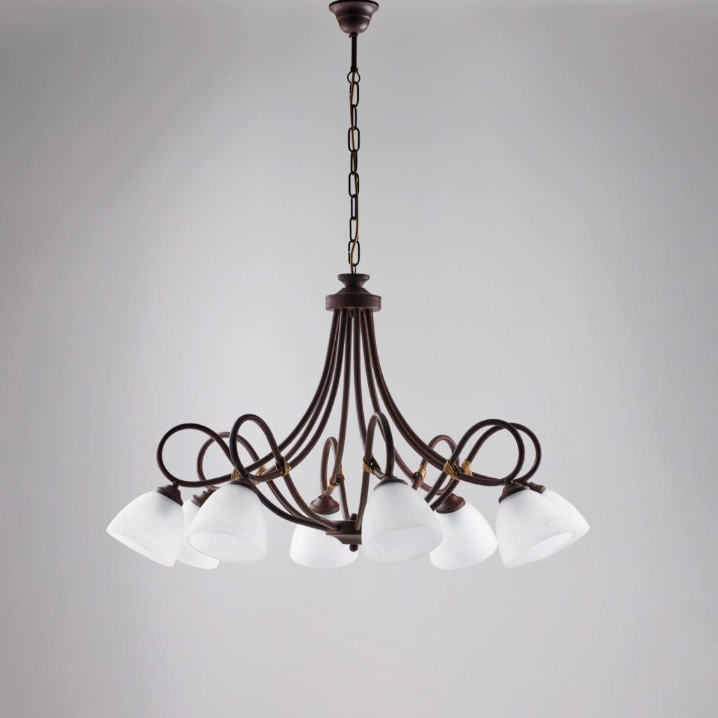 Lampadario in ferro laccato nero con decorazione effetto ruggine e rifiniture oro antico con diffusori in vetro diametro 13 alabastro bianchi 8 luci