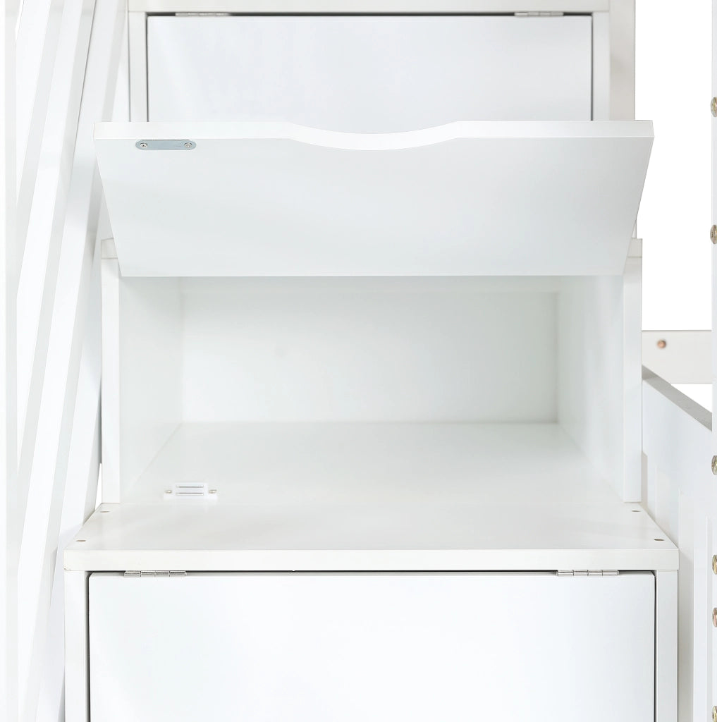 Letto a castello per bambini con 2 cassetti e scala contenitore; 90x200 cm; bianco e naturale