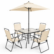 Set da Pranzo 6 Pezzi per Giardino Patio con Ombrellone 4 Sedie Pieghevoli Beige