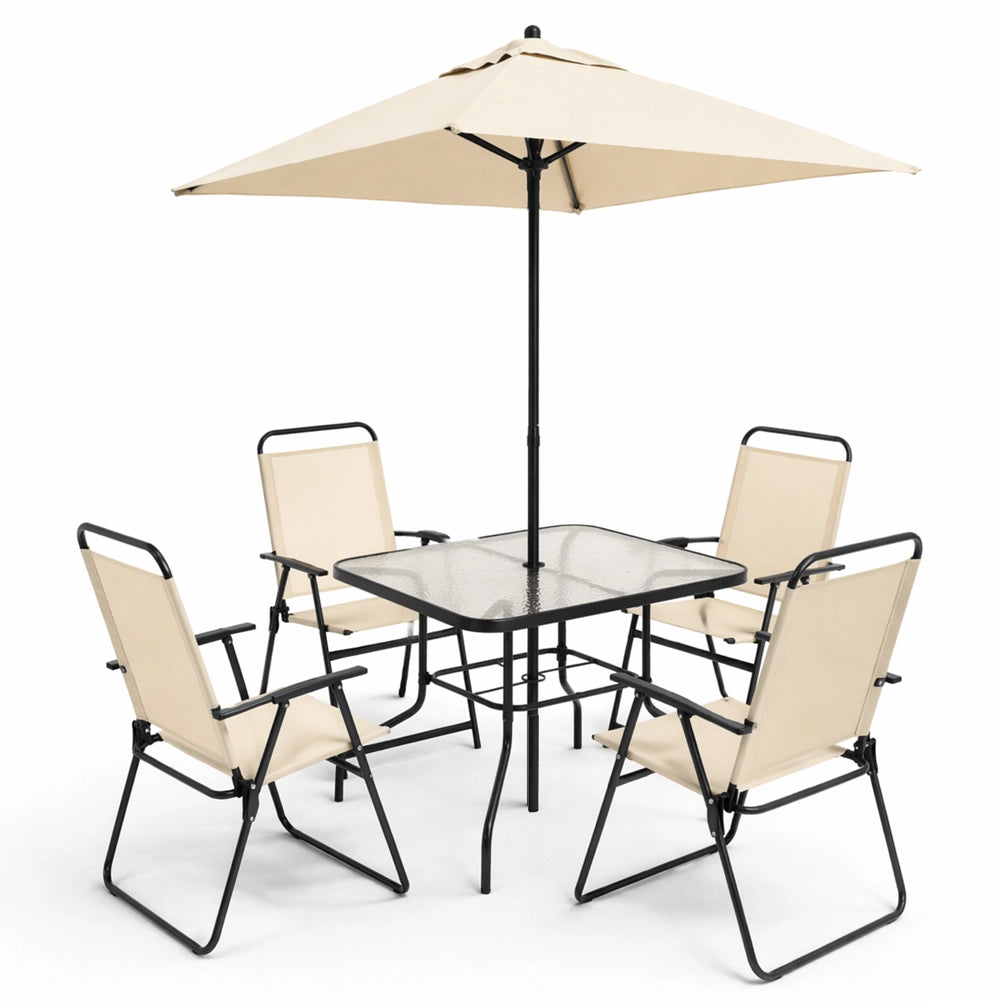 Set da Pranzo 6 Pezzi per Giardino Patio con Ombrellone 4 Sedie Pieghevoli Beige
