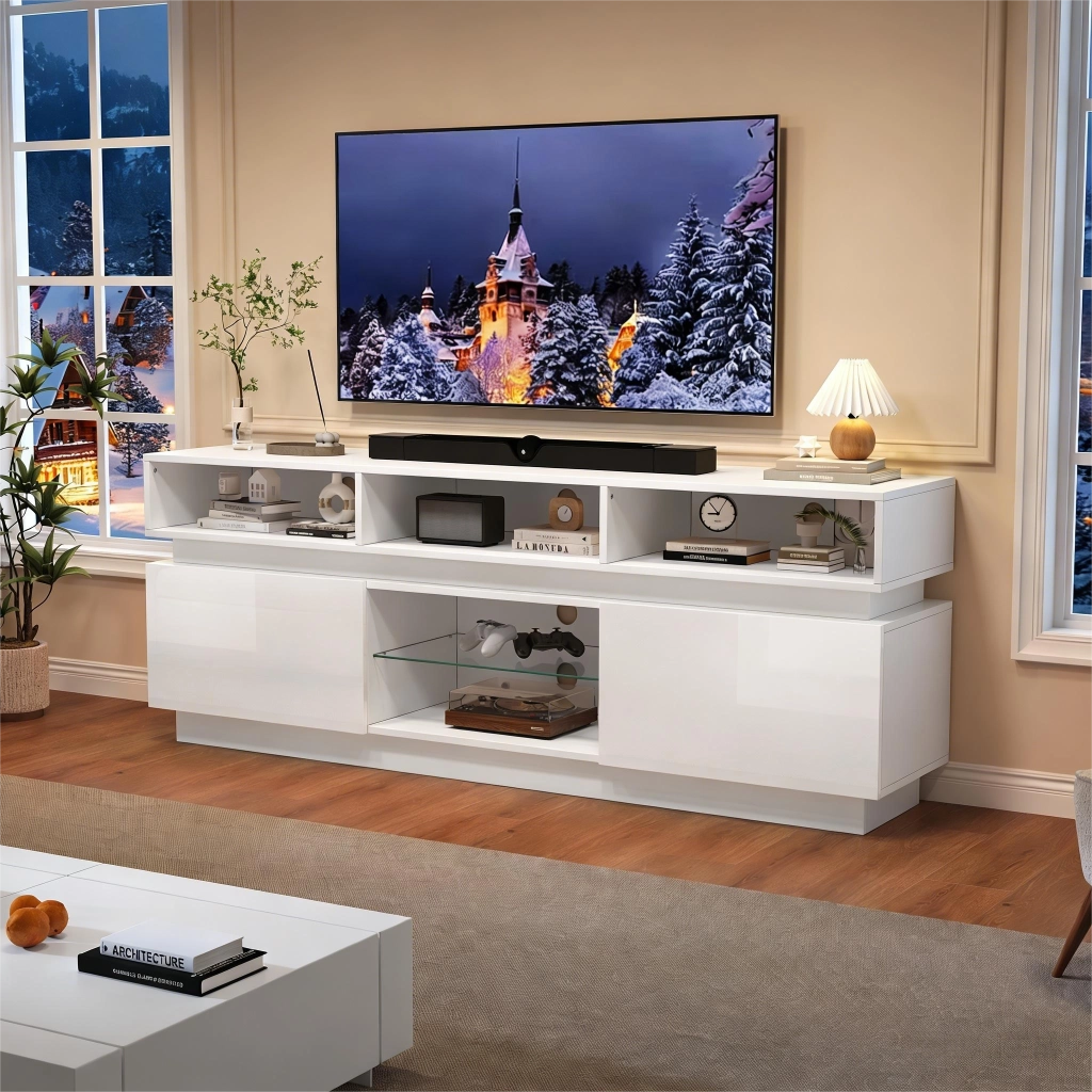 Mobile porta TV LED in MDF e vetro temperato con 10 vani, fronti lucide, bianco 160 × 35 × 60 cm