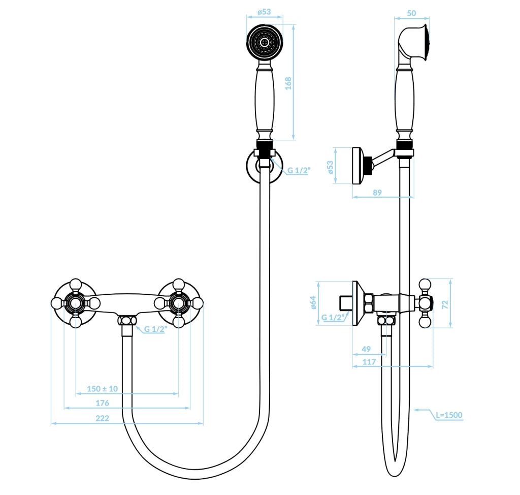 Rubinetto doccia a muro con supporto e doccetta, set bronzato
