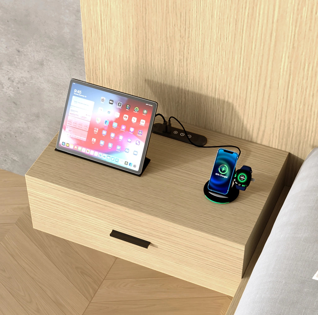 Letto matrimoniale 180x200 cm con contenitore; prese USB e Type-C; luci orientabili; rovere chiaro
