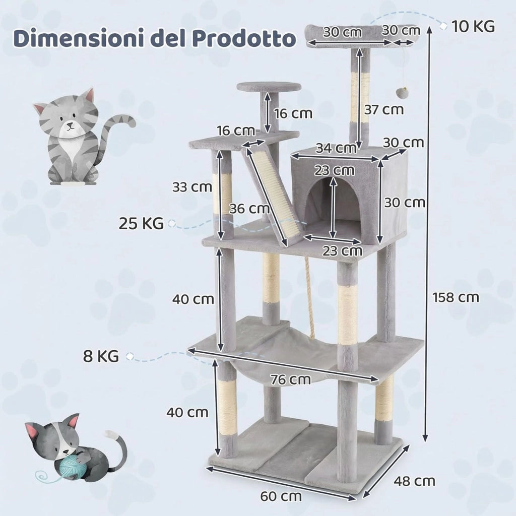 Albero per Gatti Alto 158 cm, Albero Tiragraffi con Trespolo di Peluche, Grotta, Amaca, Tiragraffi in Sisal, Rampa, Corda Appesa e Pallina Pendenti, Centro Attività per Gattini (Grigio Chiaro)