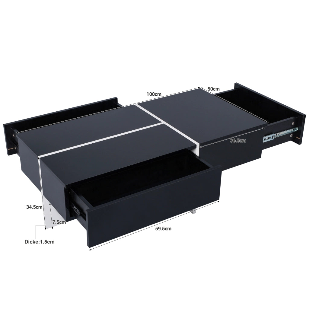 OKWISH Tavolino da Caffè Laccato con 3 Cassetti e LED controllato da applicazione, per Soggiorno, in Truciolare, Nero, 100×50×34,5 cm