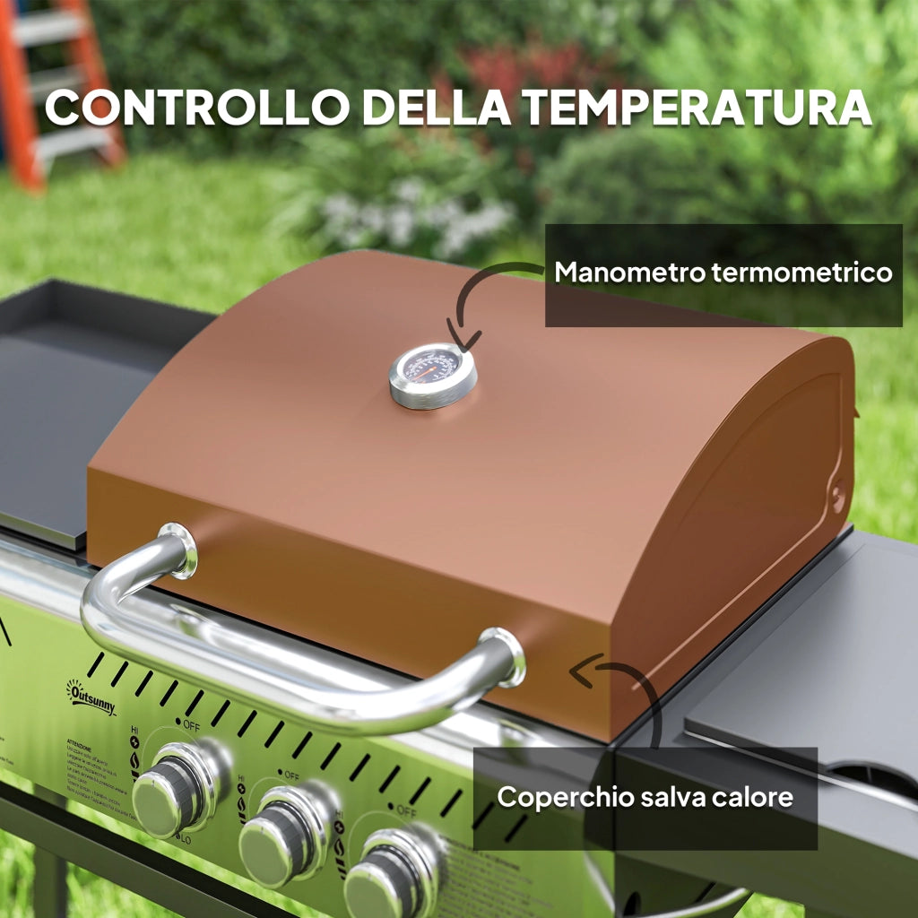 Barbecue a Gas con Piastra e Fornello Coperchio con Termometro Regolatore e Tubo Inclusi Nero