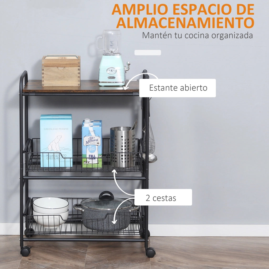 Carrello Portautensili da Cucina con 3 Ripiani e Ruote ¨C zephmum ¨C 60x38x85,5 cm Marrone