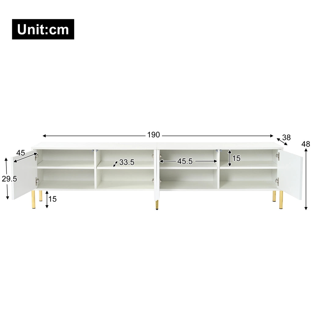 Mobile TV con 4 Ante e 8 Vani; Piedi Dorati; per Soggiorno; in MDF e Pannelli di Particelle; Bianco; 190×38×48 cm