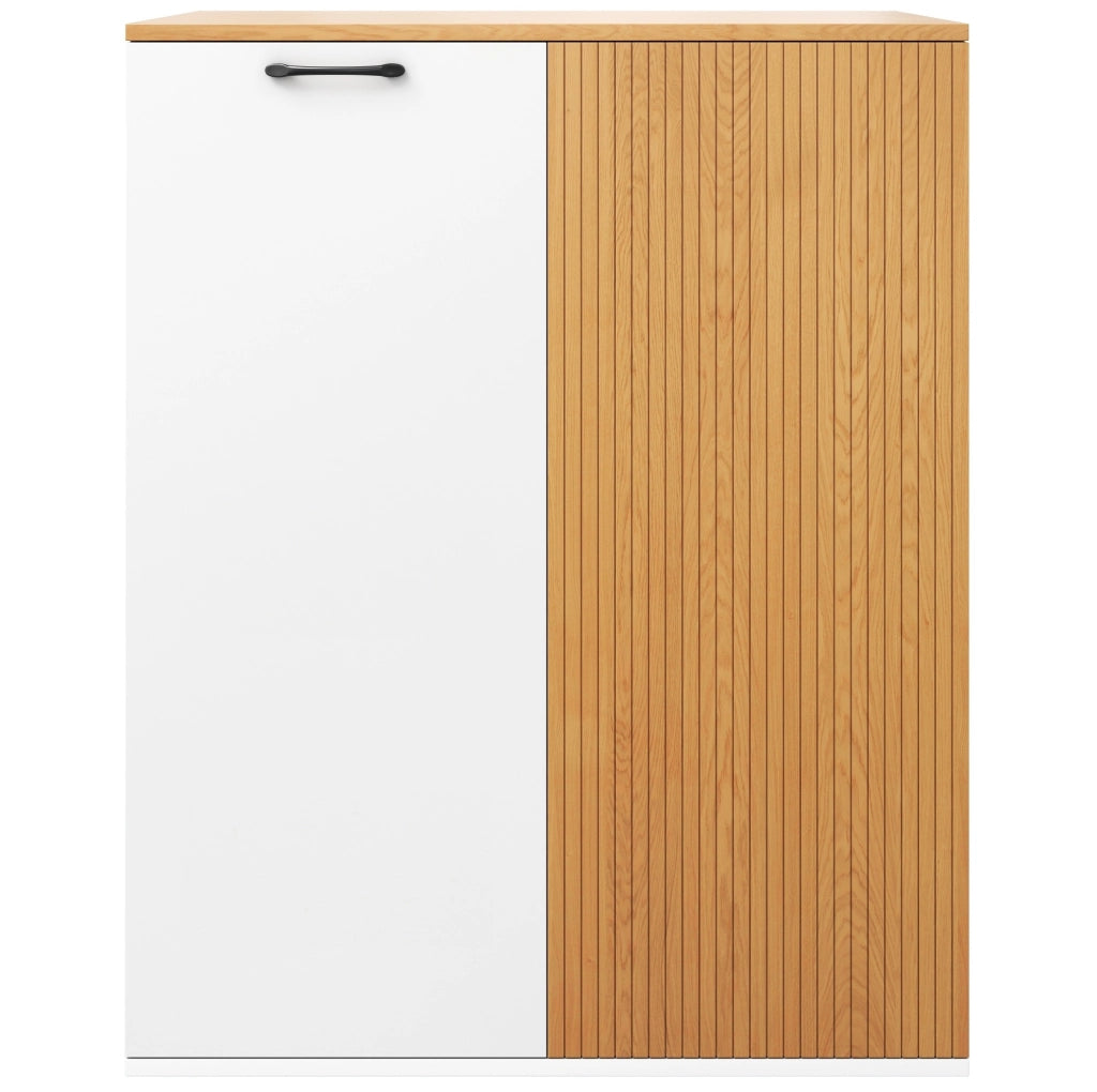 Mobile archivio 80x40x110 cm in MDF bianco e rovere con frontale a lamelle