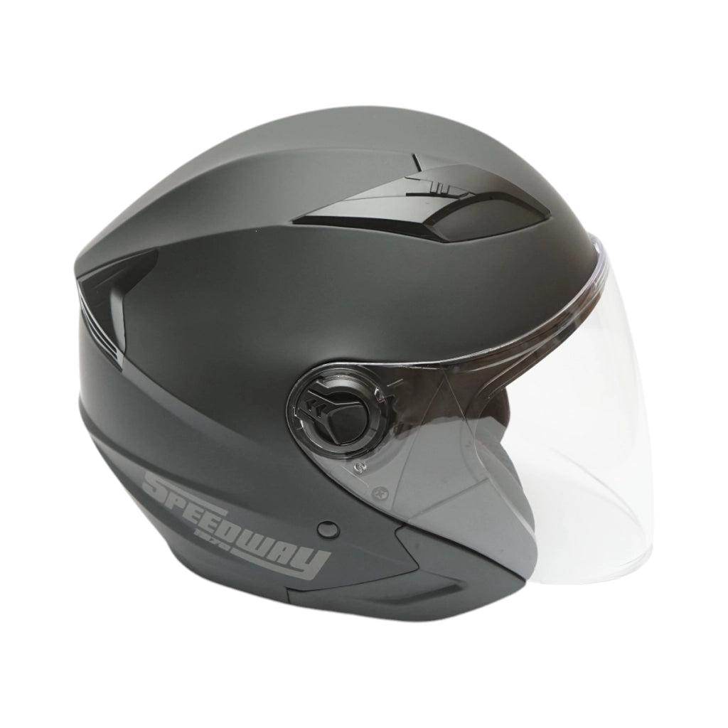 Casco da moto jet nero, modello urbano con visiera trasparente e occhiali da sole, taglia L