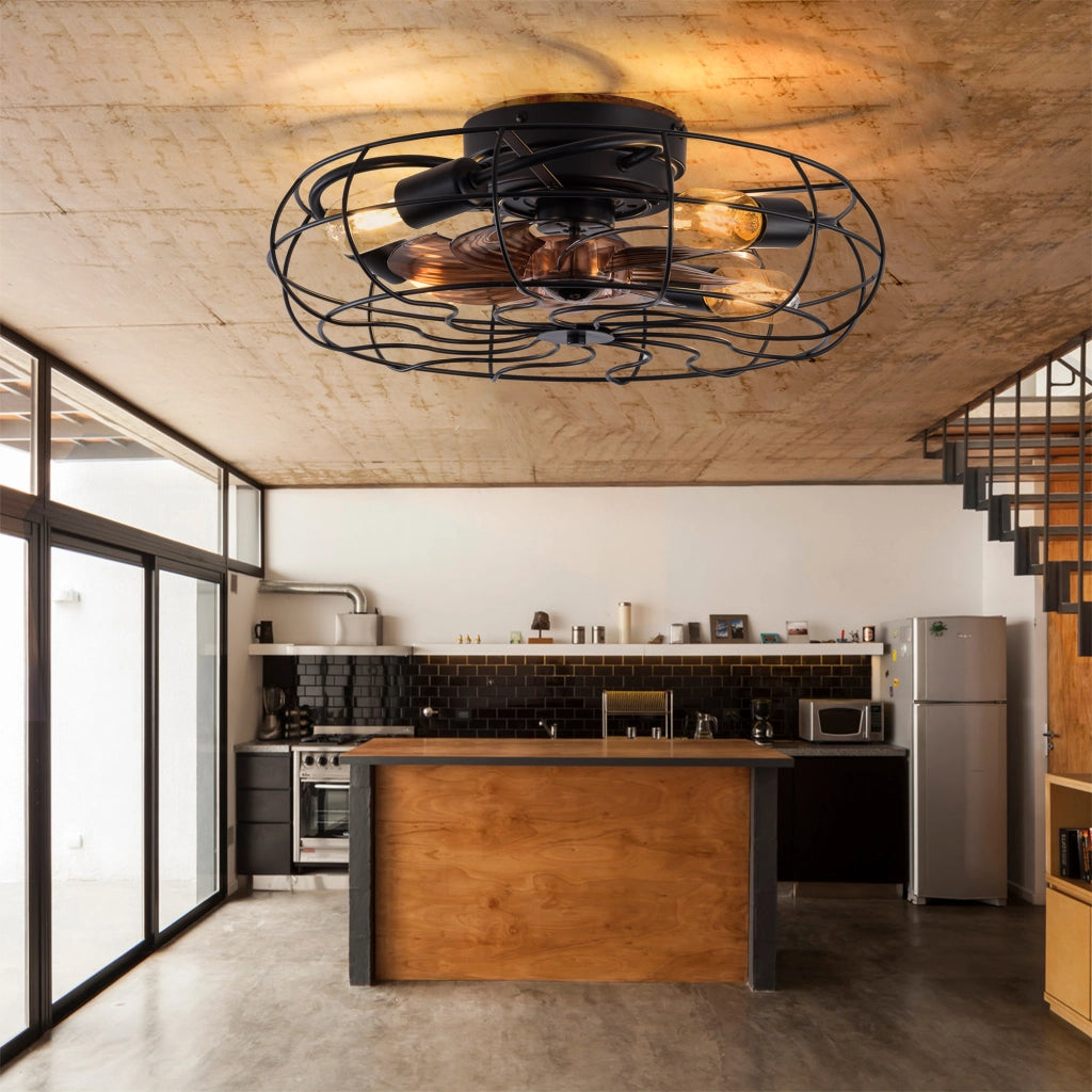 Ventilatore da soffitto con gabbia e luce; 19 pollici; 7 pale; motore reversibile; nero e noce scuro