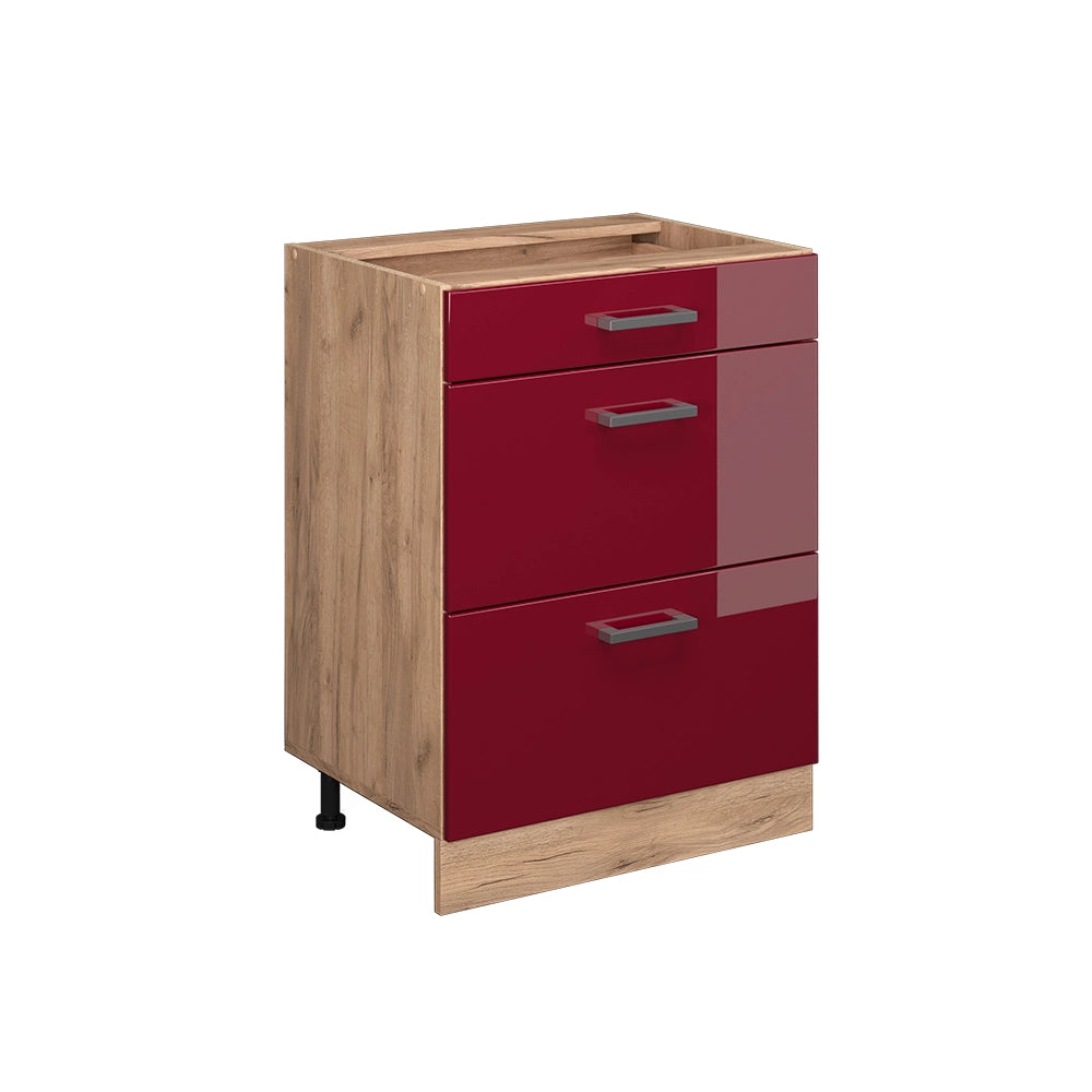 Mobiletto base per cucina R-Line Rosso lucido/Rovere dorato 60 cm con cassetti, senza piano di lavoro Vicco