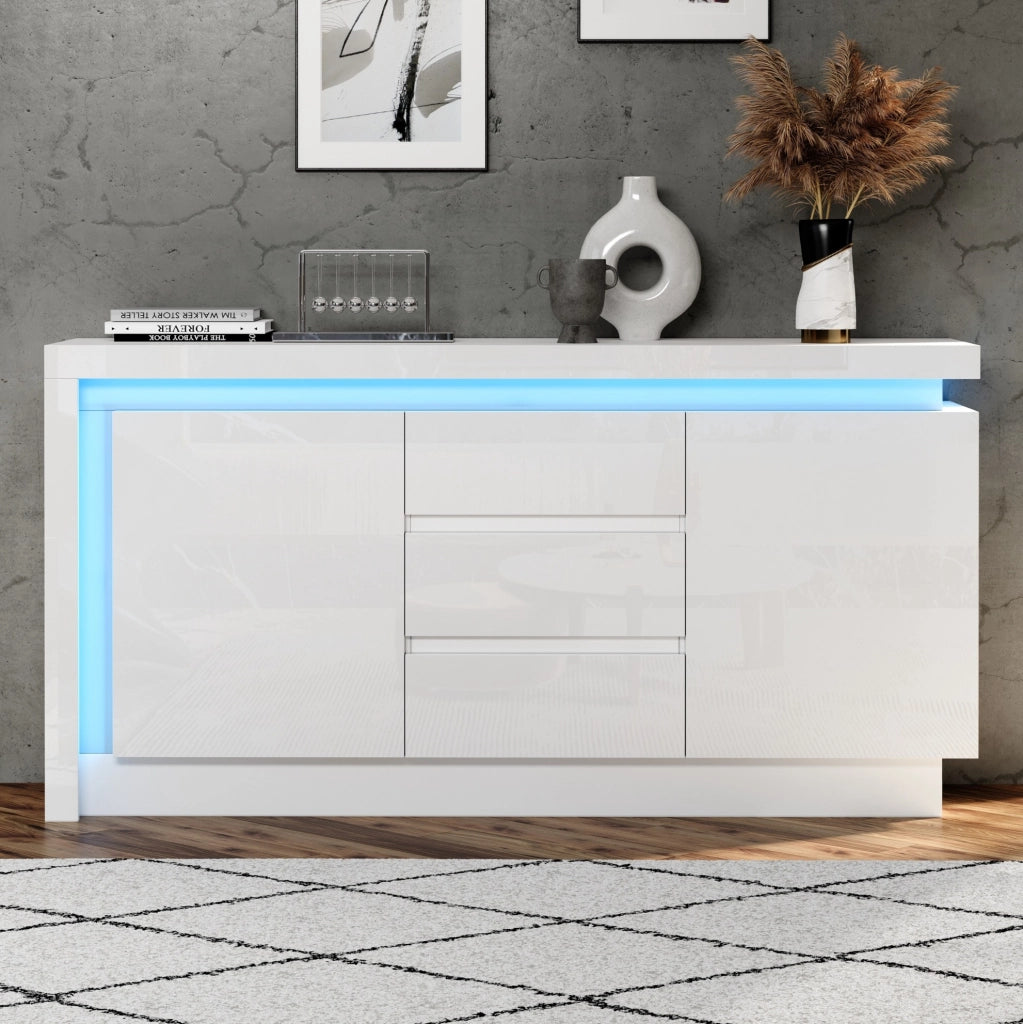 Sideboard bianco lucido con LED, 2 ante e 3 cassetti 140x35x72 cm