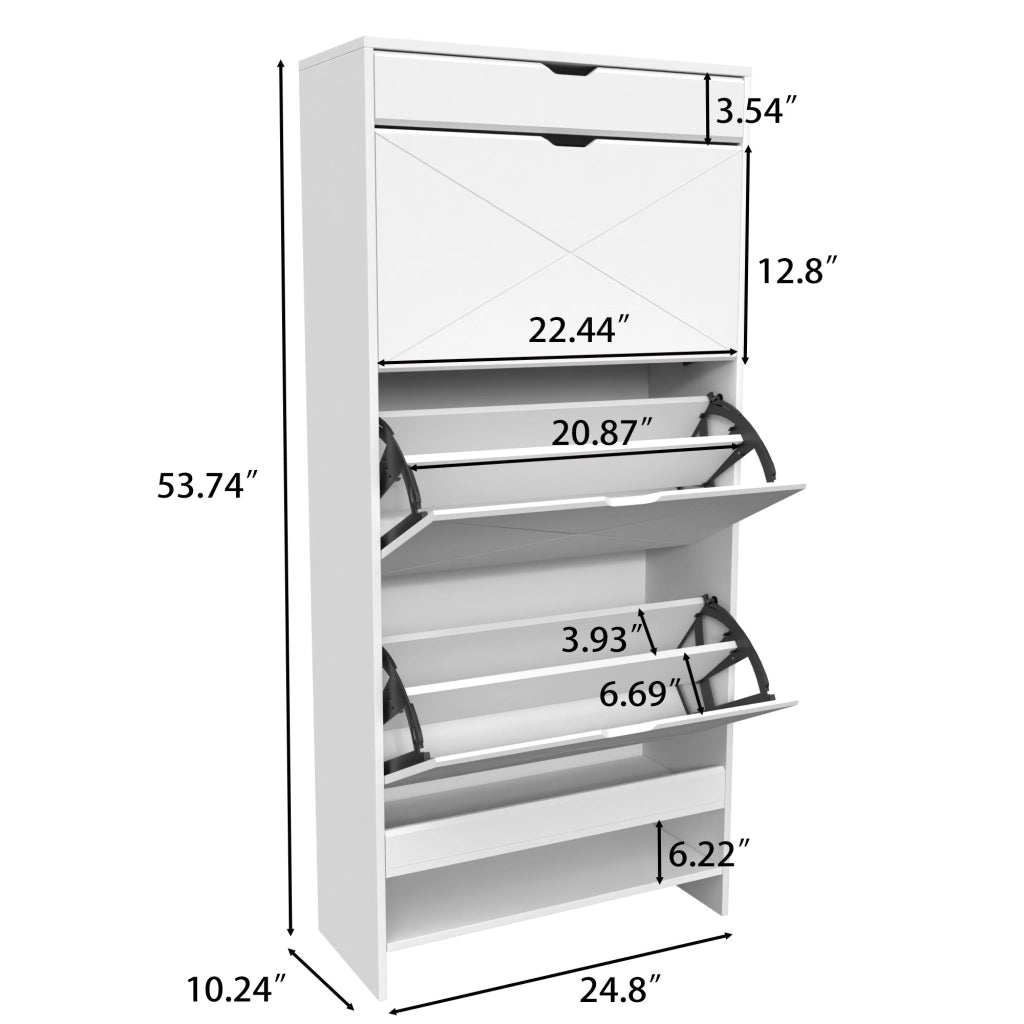 Scarpiera con 3 ribalte e cassetto superiore, in MDF bianco, 2 livelli con ripiano estraibile