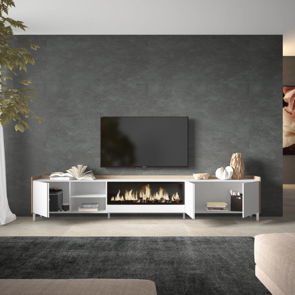 Mobile TV Soggiorno, 315x61x35 cm, Per TV fino a 80", Camino elettrico XXL, Design industriale, Bianco e Rovere soft