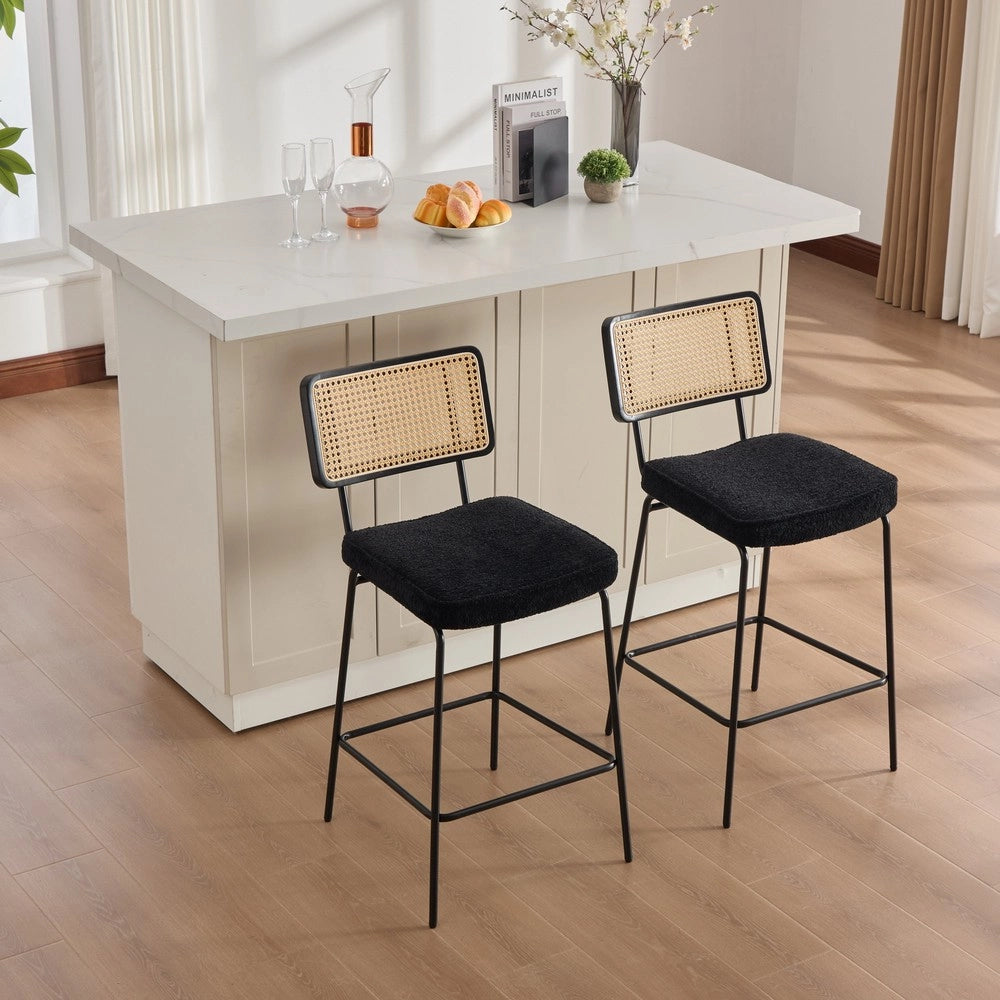 Sgabello Alto da Bar ¨C MINIMAL ¨C Chenille, Rattan, Gambe in Metallo, Nero, Set 2 Pezzi