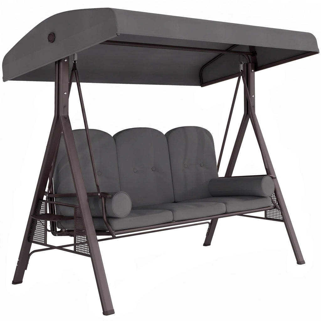 Dondolo da Giardino 3 Posti con Tetto Regolabile, Portabicchieri e Cuscini, 208x120x172 cm, Grigio