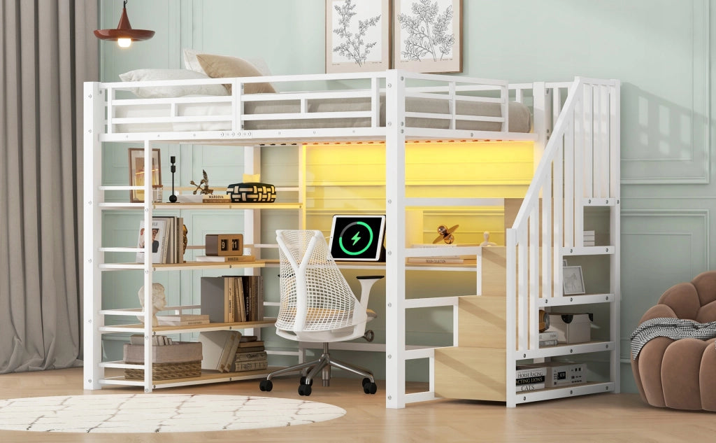 Letto a soppalco con scrivania - Xylo - 140x200 - Bianco - LED, USB, scale